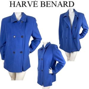 Vintage HARVE BENARD Blue Wool Cashmere Blend Double Breast Pea Coat Jacket 12P